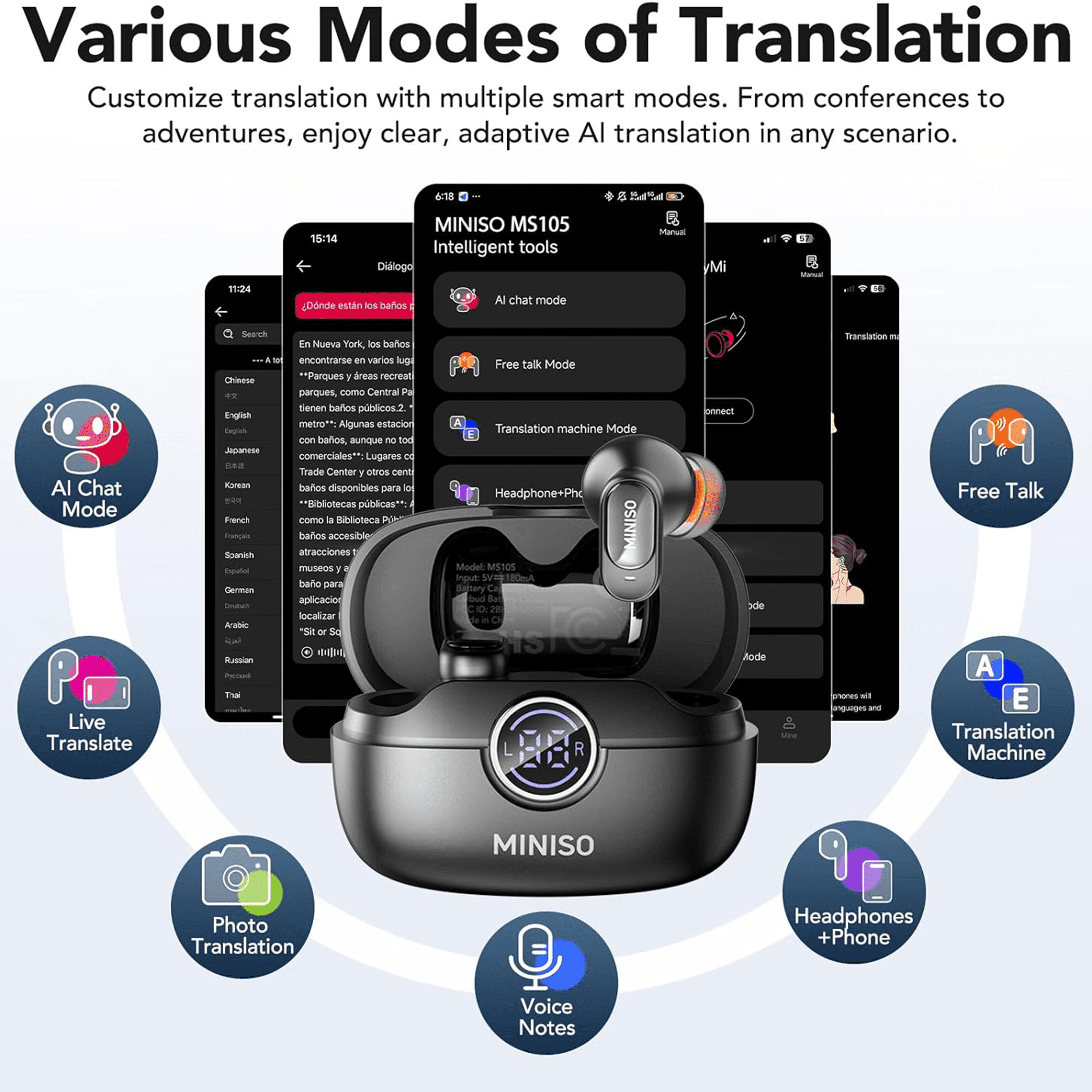 MINISO MS105 AI Translation Earbuds Real Time Wireless Headphone Support 135 Languages with APP Noise Cancelling