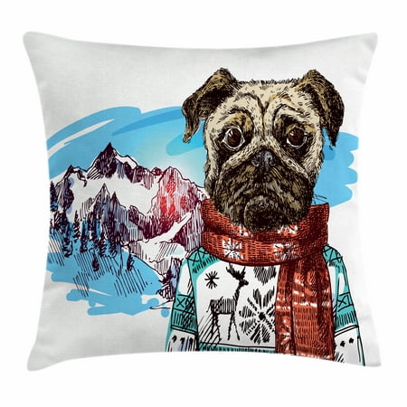 Dog Days Of Winter Pillows Pug Throw Pillow Cushion Cover, Sketch Style Dog with Winter Clothes Scarf Sweater Mountains Background Open Sky Image, Decorative Square Accent Pillow Case, 18 X 18 Inches, Ruby Blue, by Ambesonne ()