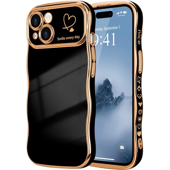 MYKOMI for iPhone 15 Plus Case for Women Girls, Cute Wave Frame Curly Shape with Love Heart Pattern Raised Camera Protection Cover Luxury Plating Shockproof Phone Case for iPhone 15 Plu
