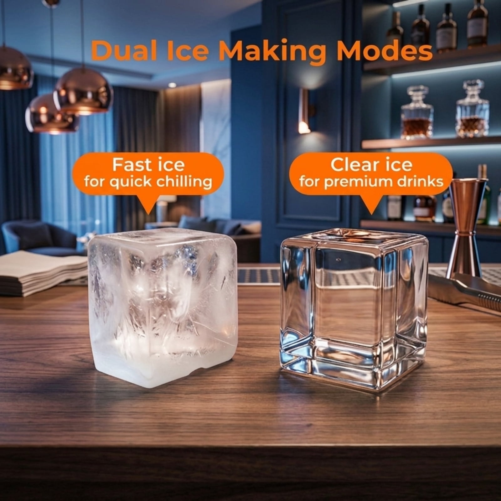 RUIE Clear Ice Cube Maker Countertop, 1.6 Inch Large Square Ice Machine 26 lbs/Day Self-Cleaning for Home Bar Kitchen Office, Silver