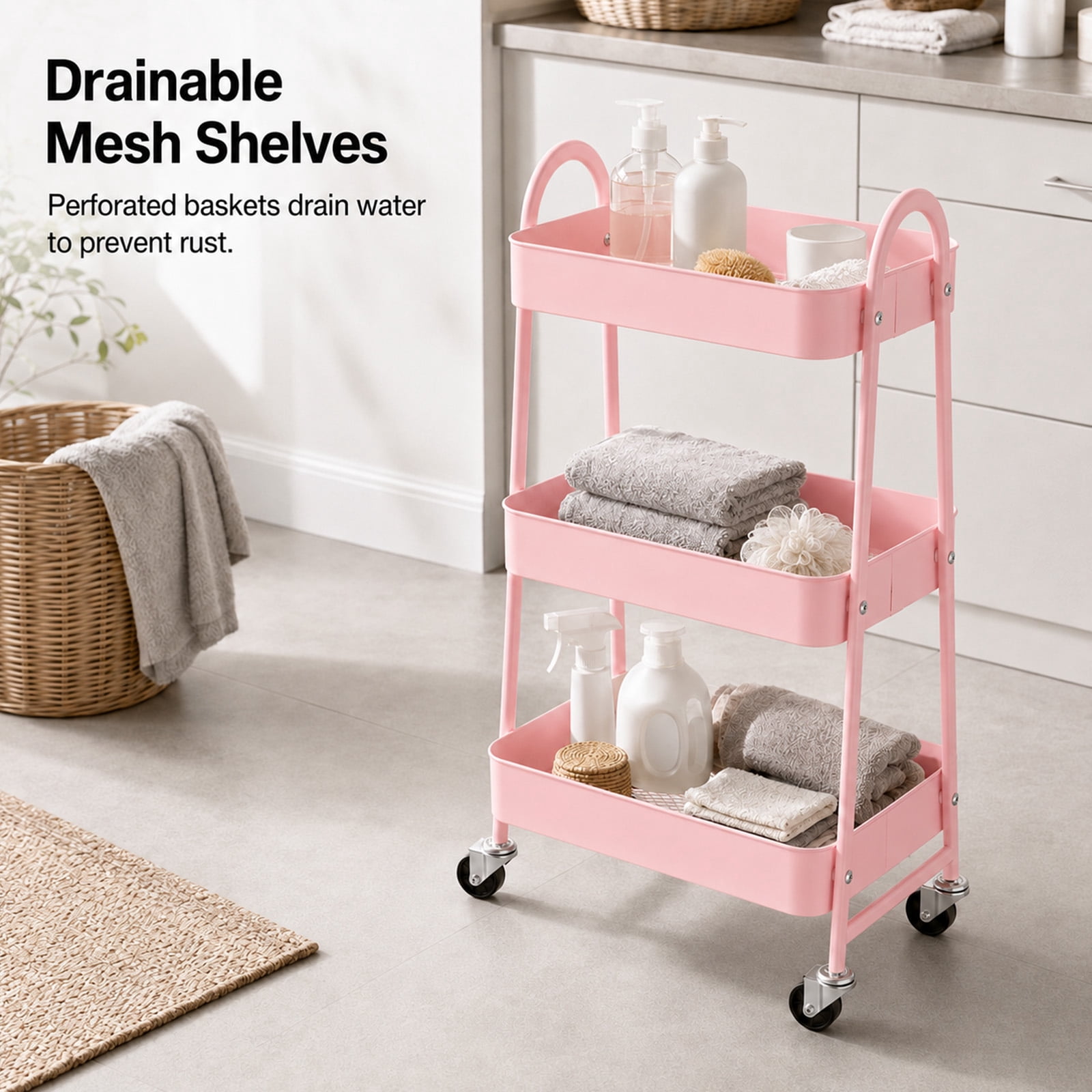 Alvantor 3-Tier Rolling Cart, Metal Rolling Utility Cart with Lockable Wheels, Multi-Functional Heavy Duty Storage Cart Organizer for Bathroom, Kitchen, Living Room, Office