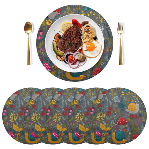 Round Placemats Plate Mats 15 Inch Non-Slip Heat Resistant Washable PVC Set Table Decoration for Kitchen Dining Cute Snails and Mushrooms