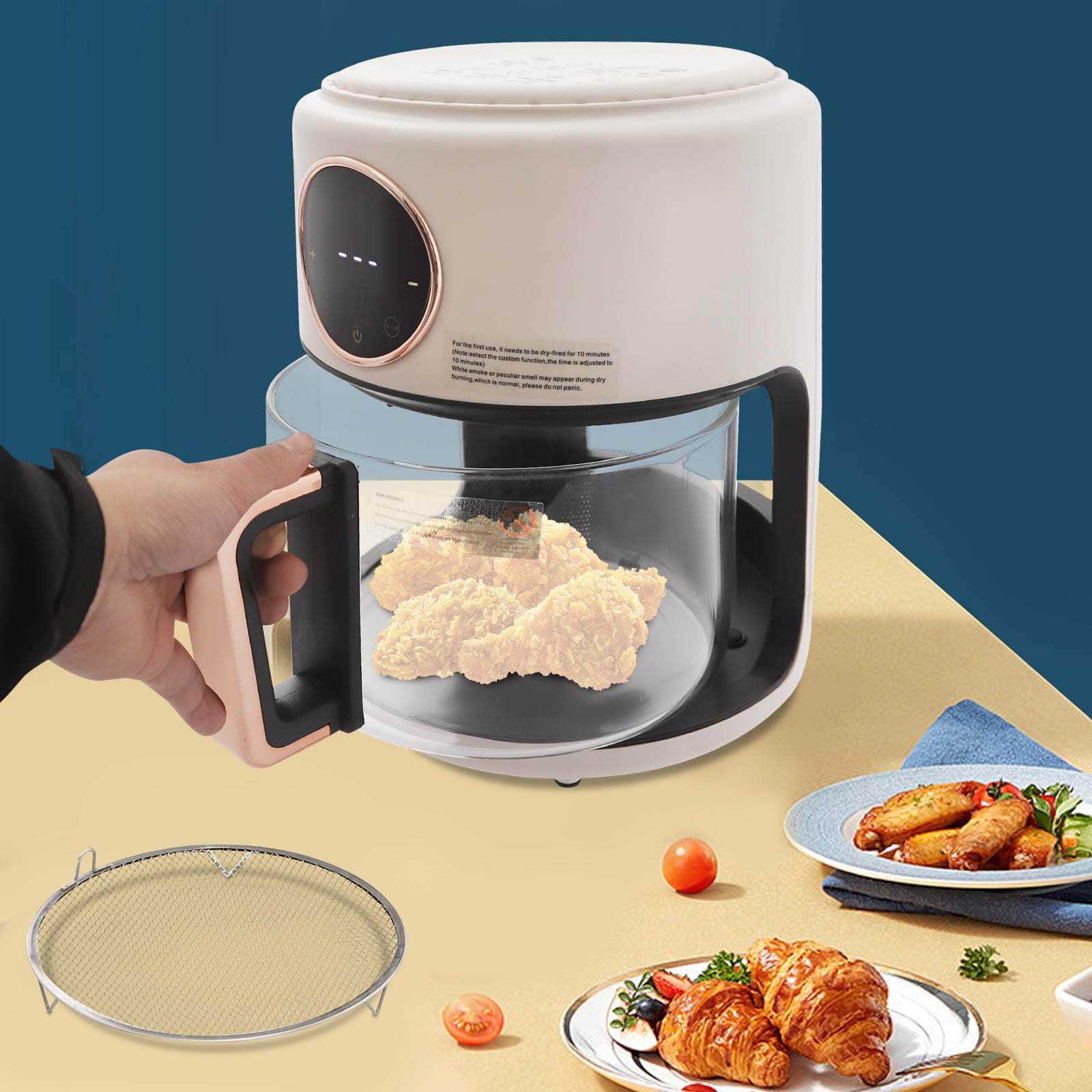 1 PCS White Airy Fryer, Glass Air Fryer, 360° Viewable Airy Fryer, Voltage: 110V, Power: 1200W, 25*32cm/9.84*12.6in