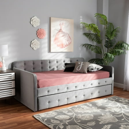 HomeStock Lakeside Living Modern and Contemporary Transitional Grey Velvet Fabric Upholstered and Button Tufted Twin Size Daybed with Trundle