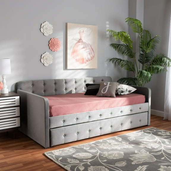 HomeStock Lakeside Living Modern and Contemporary Transitional Grey Velvet Fabric Upholstered and Button Tufted Twin Size Daybed with Trundle