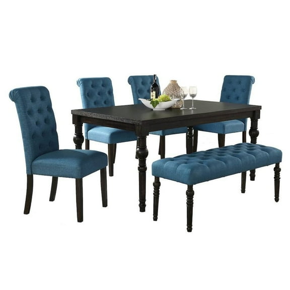 FurniFact Blue Dining Table Set for 6 with Bench and Chairs, For Kitchen or Dining Areas