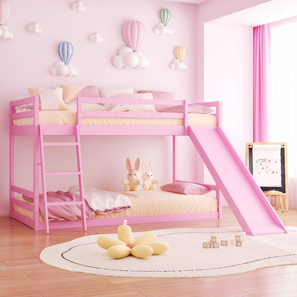 Ktaxon Bunk Bed Twin Over Twin,Kids Low Floor Bed Frame with Slide