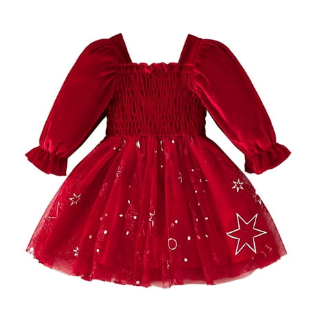 

Toddler Children Girls Christmas Long Sleeve Star Prints Dresses Dress Clothes Teen Girls Toddler Girl Christmas Party Outfits for Girls 2t Girls Dresses Winter 4t Dresses with Flowers on Them Pleated