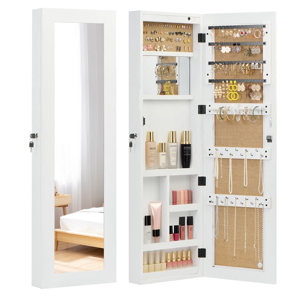 S-HOME Lockable Solid Wood Jewelry Armoire Organizer Cabinet with Elegant Full-Length Mirror and LED Light 47.5x14.3 Inch