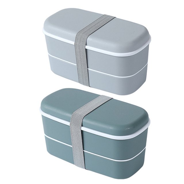 2set Microwavable 2 Layer Lunch Box with Compartments Leakproof Bento Box Food Container Lunch Box Gray & Green