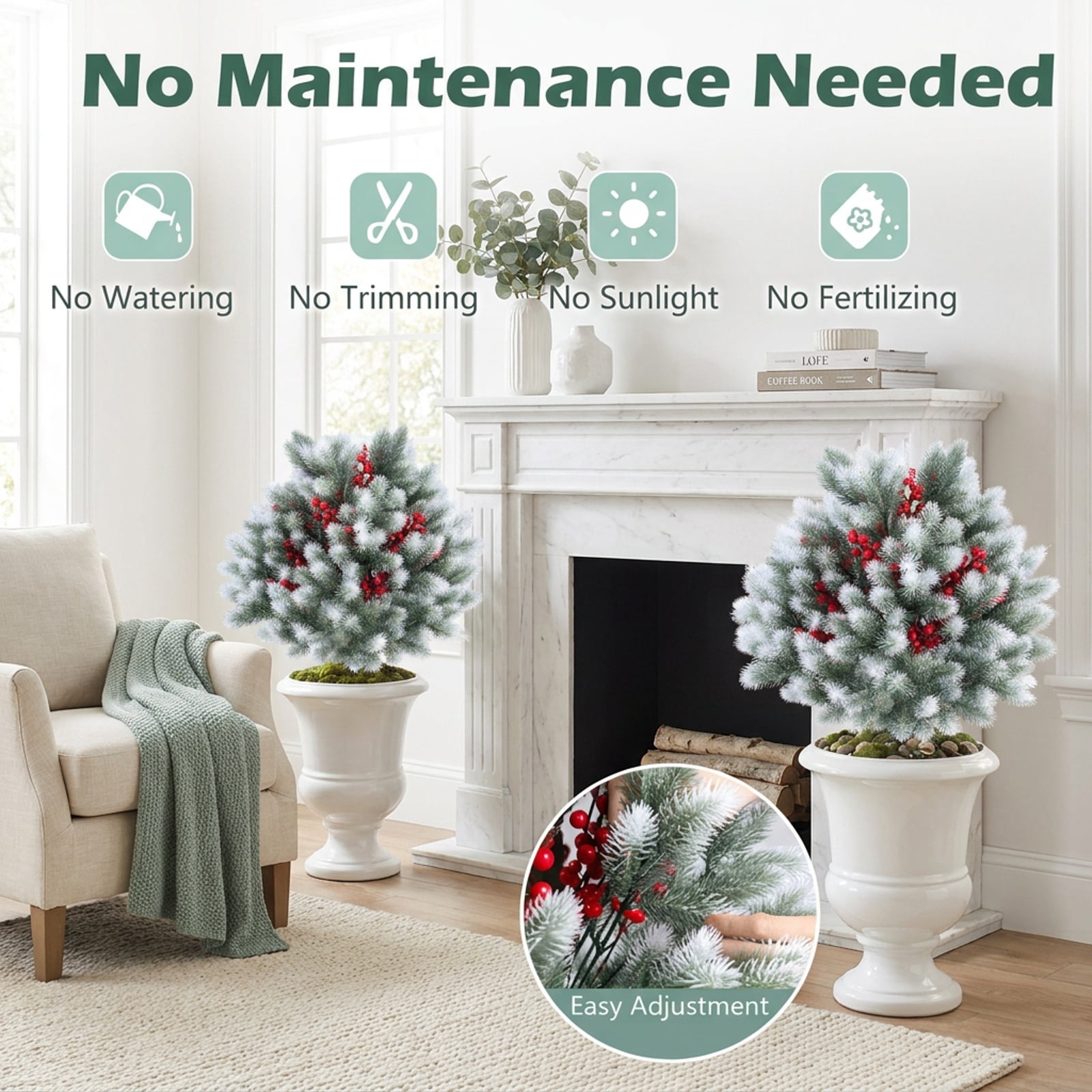 Vebreda Artificial Plant Decor, Set of 2 Artificial Cedar Topiary with Ground Spikes for Porch Patio Winter Decoration, Exquisite Craftsmanship