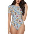 thumbnail image 1 of Bingfone Summer Time With Gnome Pattern Women's Round Neck Bodysuit, Tight Snap Button Short Sleeve Bodysuit, Suitable for Party, Sports, Daily Wear-X-Large, 1 of 7