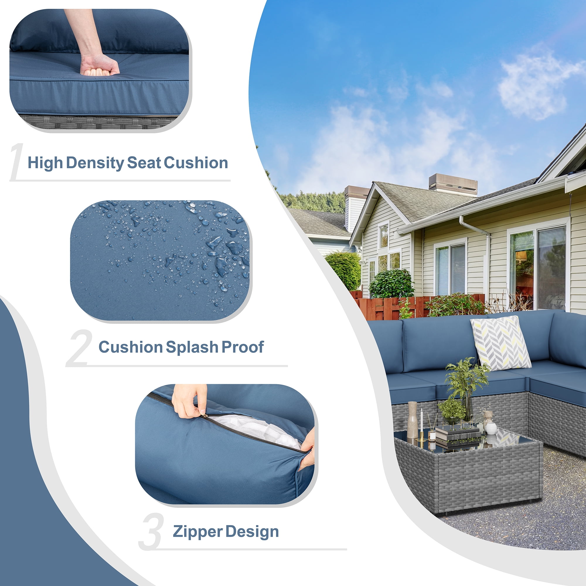 Walsunny 8 Pieces Patio Wicker Rattan Fire Pit Furniture Conversation Sets with Outdoor Sectional Sofa,45" Gas Propane Fire Pit Table,Glass Coffee Table,Silver Rattan Aegean Blue Cushion