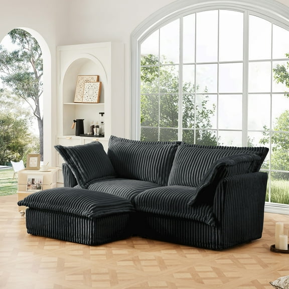 83.4"W Oversized Corduroy Loveseat with Ottoman, 77" Deep Seat 2-Seater Sofa with Washable Covers for Living Room or Small Apartment,Gray