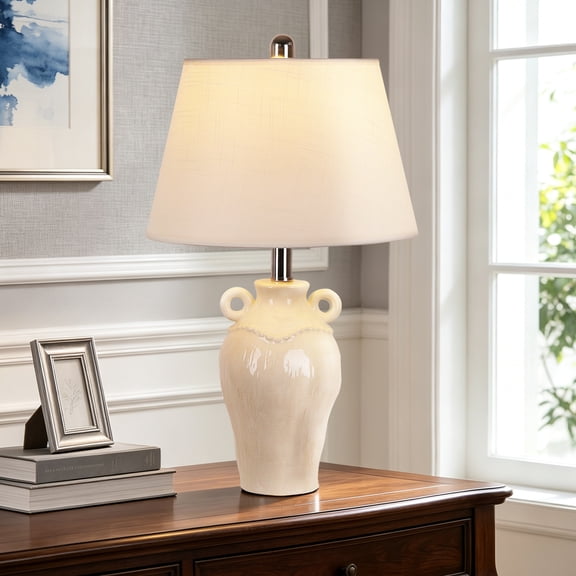 21in Handcrafted Ceramic Table Lamp, Rustic Vase-Style Bedside Lamp with Linen Shade for Bedroom