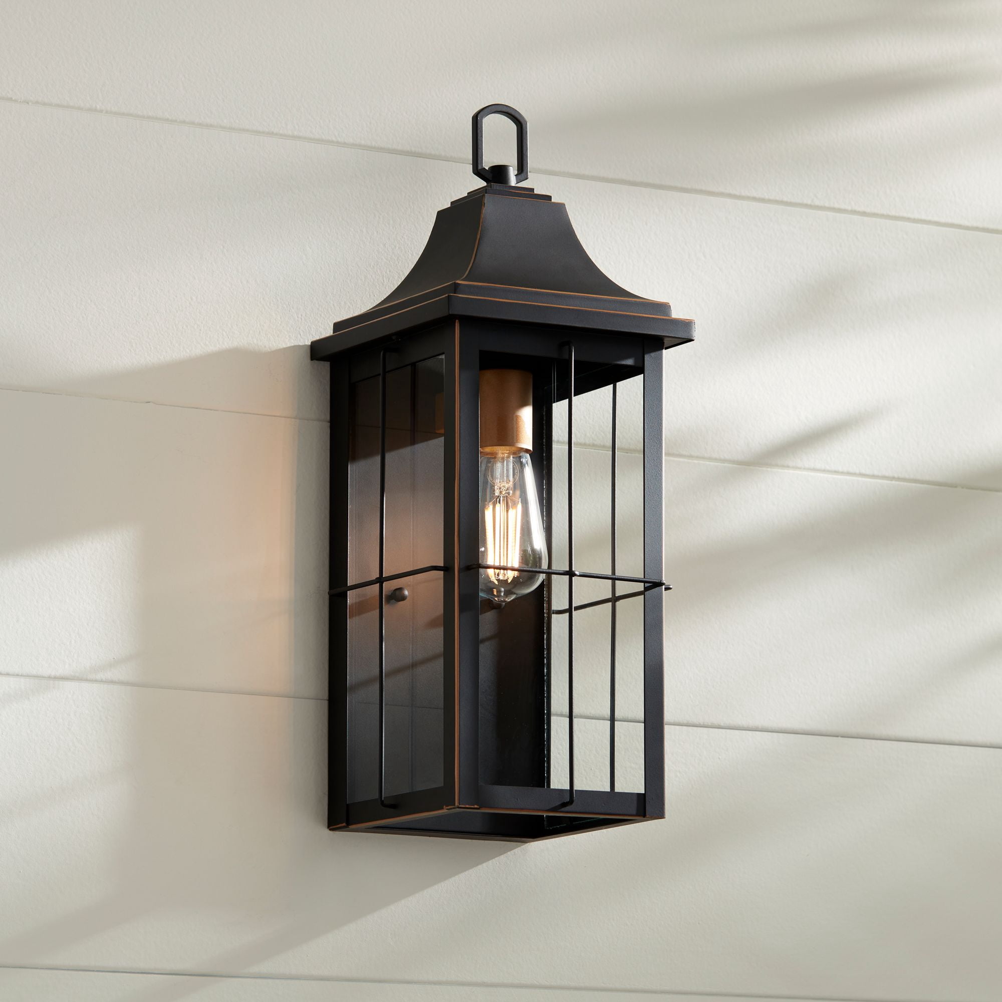 John Timberland Sunderland Vintage Outdoor Wall Light Fixtures Set of 2 Black Metal 18 1/2" Clear Glass Panels for Post Exterior Barn Deck