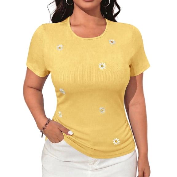 Cuteduck Women's Shirts Slim Fit Short Sleeve Crop Top Crew Neck Daisy Embroidery Casual Tops Summer Basic Tees for Women M-3X