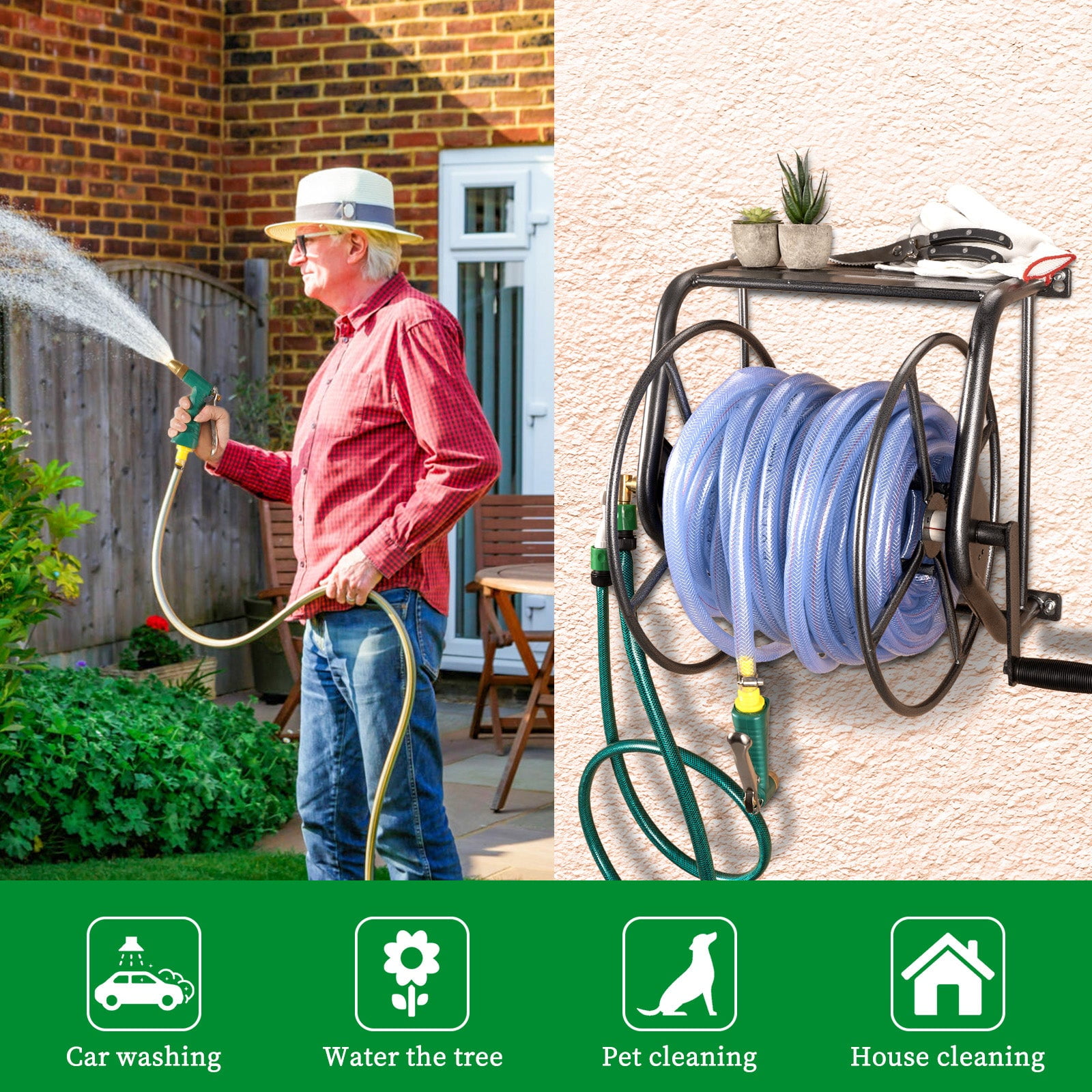 Metal Wall Mounted Hose Reel - Hammertone Grey, 200ft Capacity
