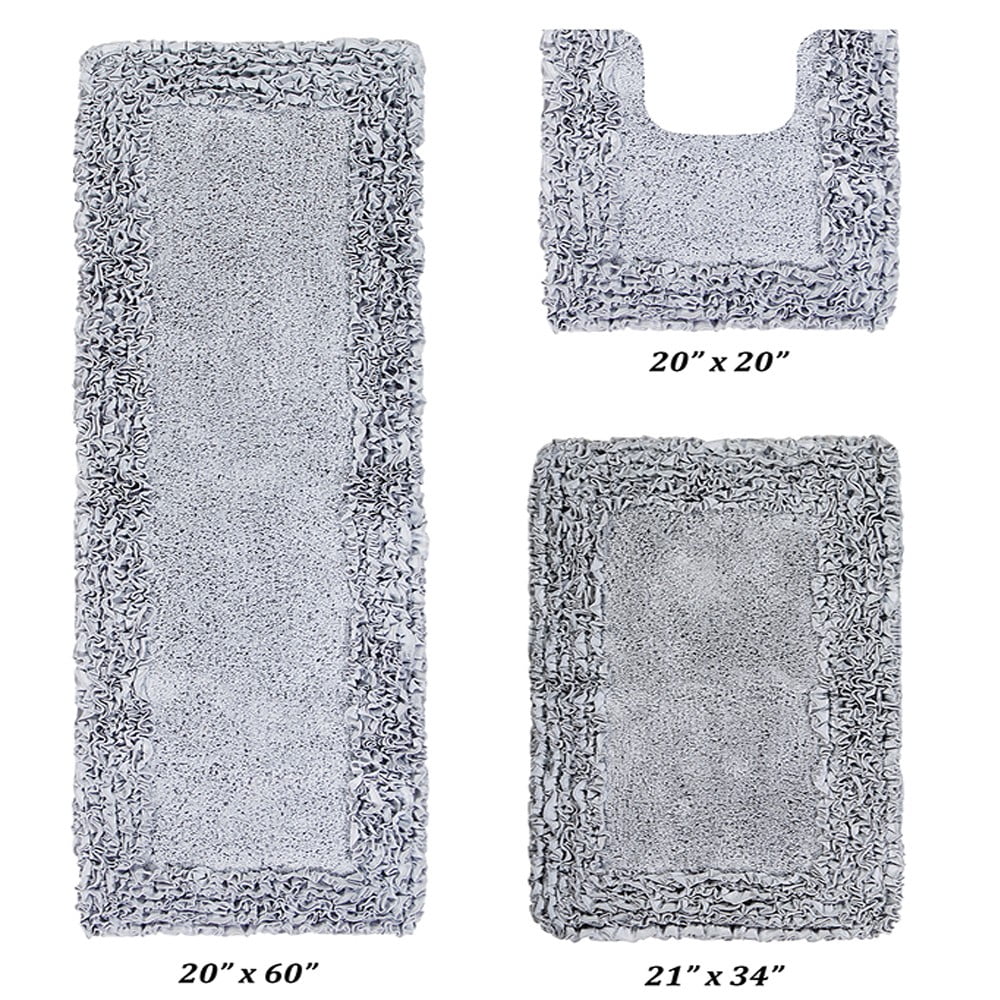 Better Trends 3 Piece Bathroom Rug Set 100% Cotton, Extra Soft, Water Absorbent & Non Slip Bath Mat, Ruffle Border, (Silver) Shaggy Border Collection