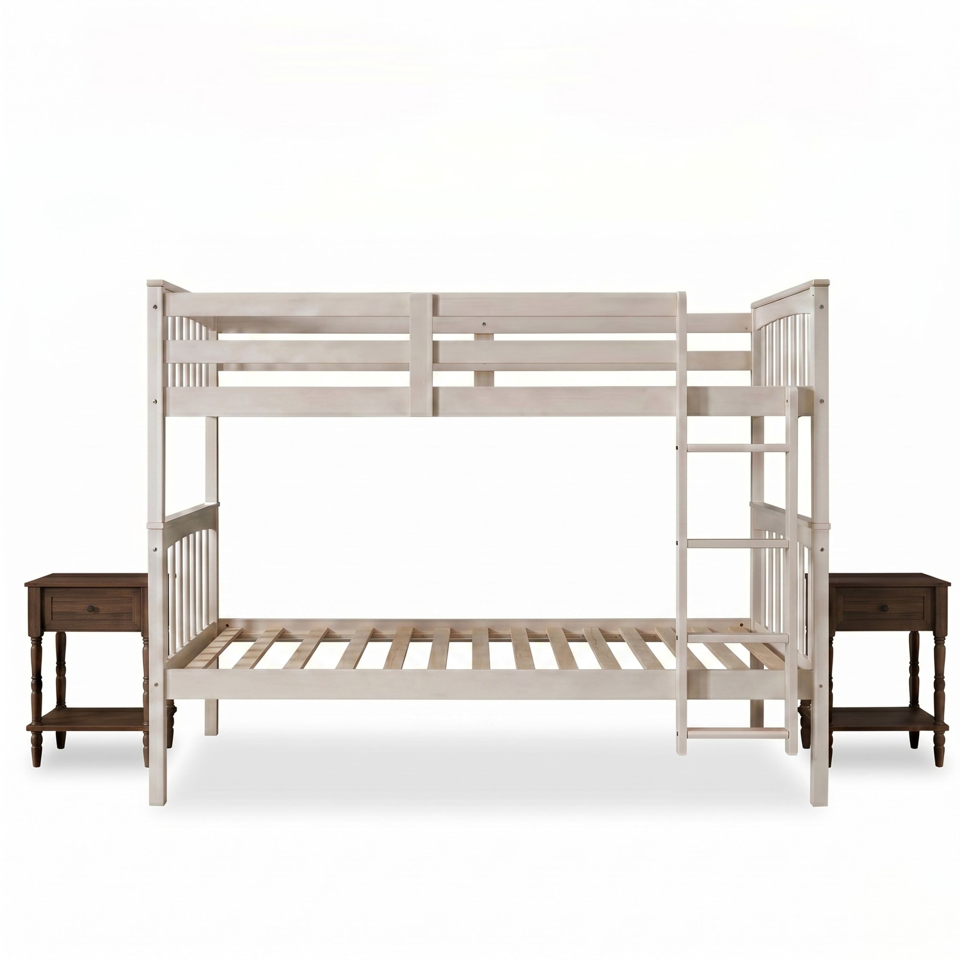 Home Design Ames Twin Over Twin Solid Wood Bunk Bed with 2 Ruston Nightstand – 3-Piece Space-Saving Bedroom Set, Antique White/ Brown