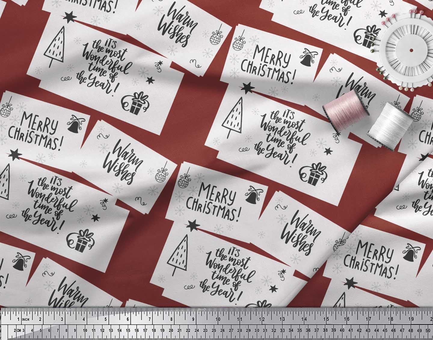 Soimoi Red Cotton Voile Fabric Tree & Merry Christmas Text Printed Craft Fabric by the Yard 42 Inch Wide