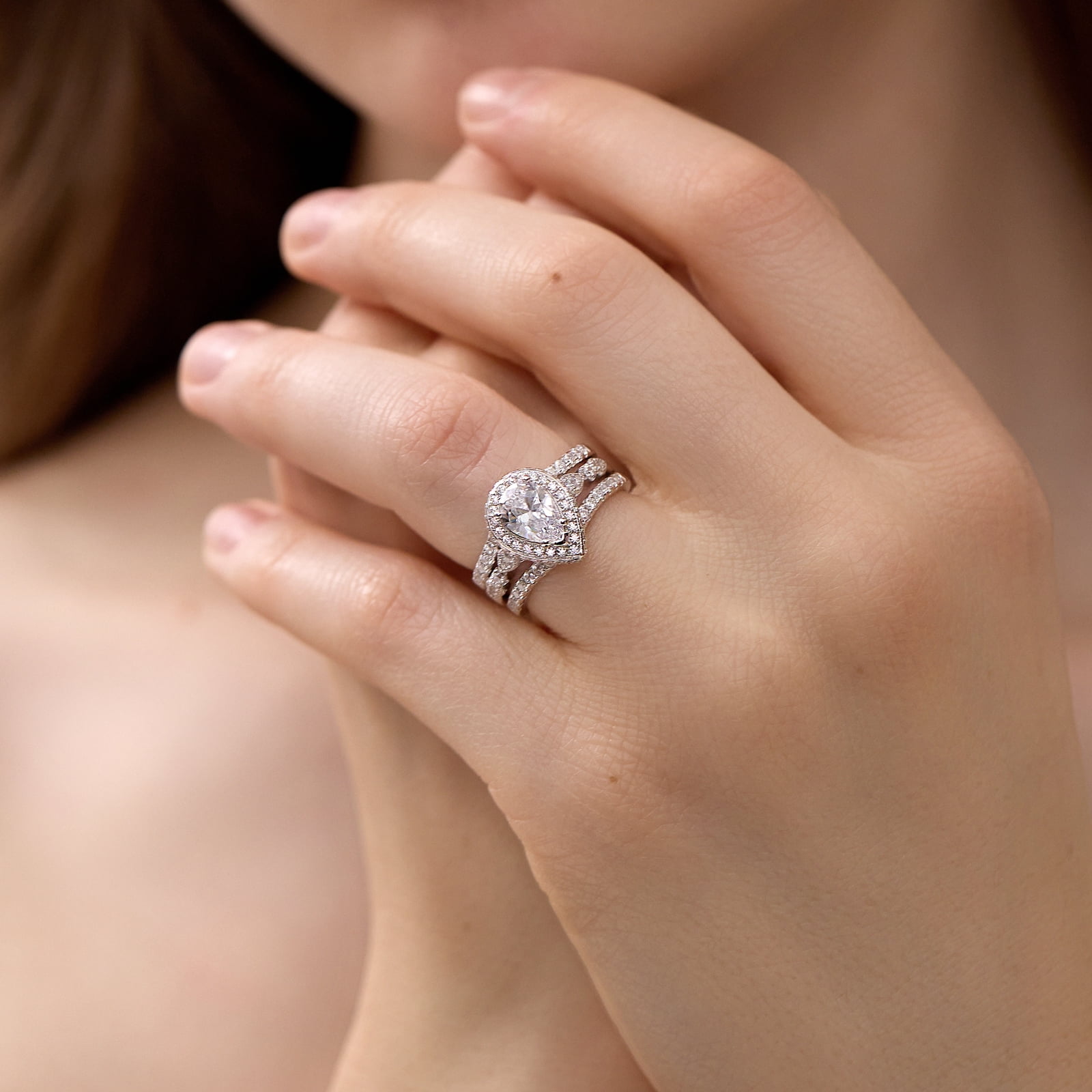 Newshe Jewellery Moissanite Wedding Rings for Women Pear Cut Engagement Ring Sets Teardrop Bridal Band Enhancer Size 7