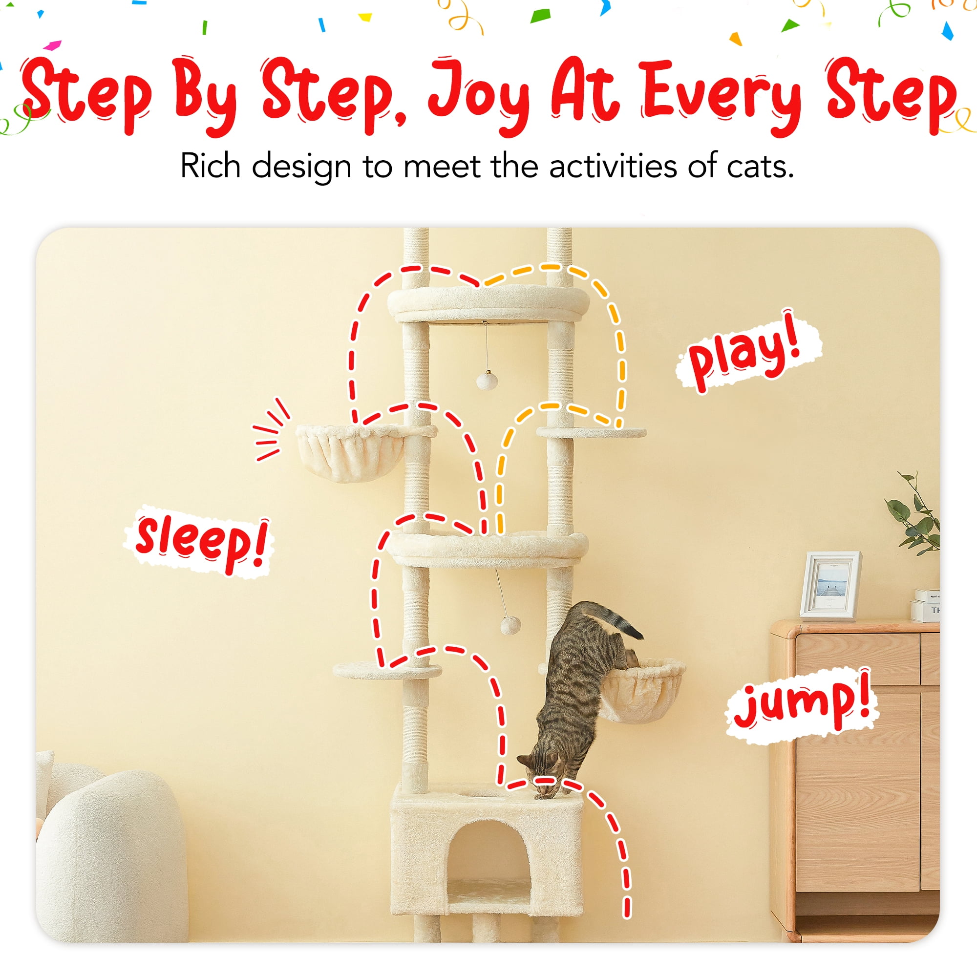Furcato Cat Tree, Floor to Ceiling Cat Tower Adjustable Height [92.9-102.4 in=235-258cm], 7 Tiers Cat Climbing Play House, Beige