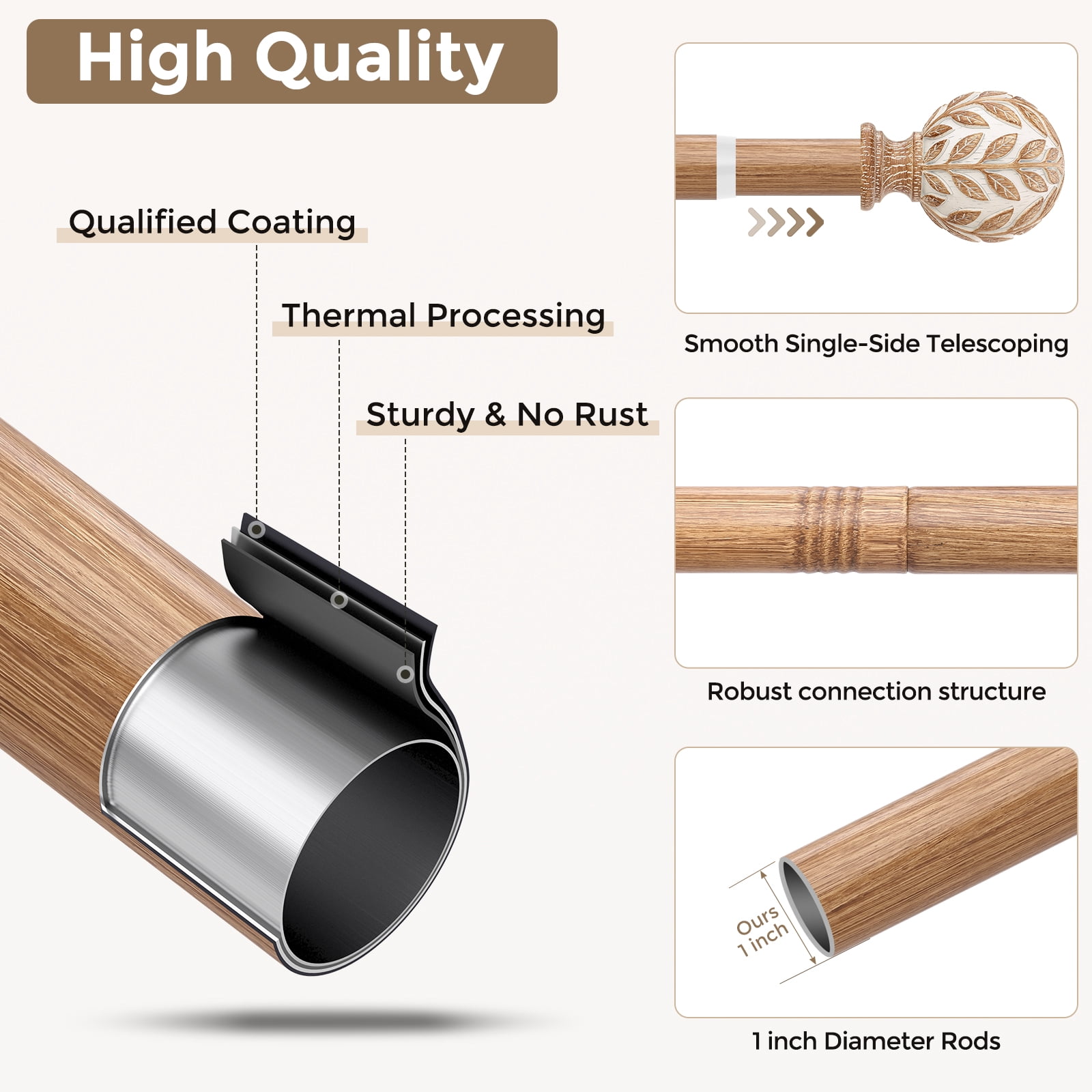 OLV Boho Curtain Rods 36-120" Heavy Duty with Wood Grain Leaf Finial,Burlywood-white