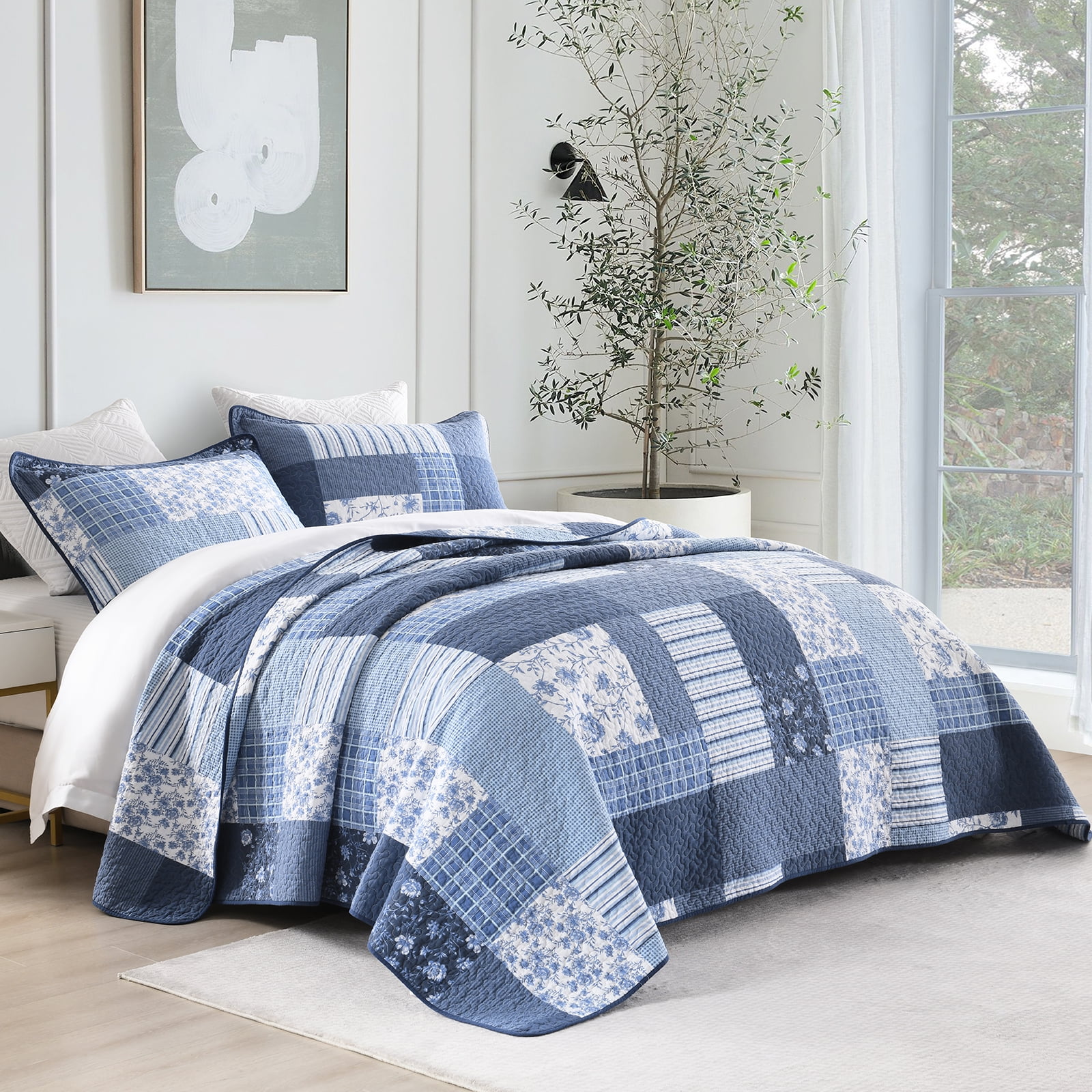 DDUOXIN Blue King Size Quilts - 100% Cotton King Size Bedspread Quilt Set, Floral Plaid Quilt for King Bed, Lightweight Reversible Bed Spread Bedding Set with 2 Pillow Shams for All-season, 3-Piece