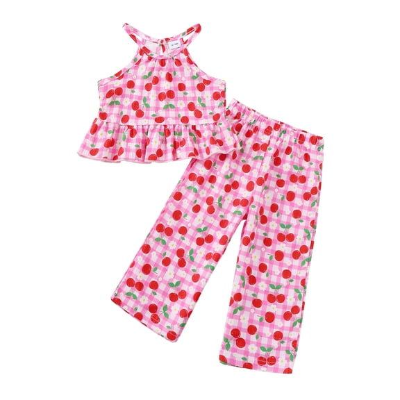 2T Baby Girls Clothes 3T Girls 2PCS Plaid Outfits Set Cherry Print Toddler Girls Sleeveless Halter Top Pants Set Pink