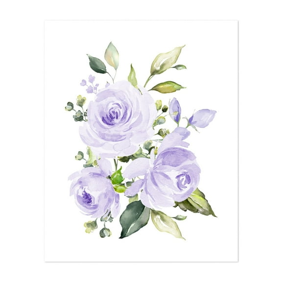 Purple Flowers, Watercolor Flowers, Purple Roses, Greenery, Gender Neutral Nursery - Illustration Watercolor Floral Flowers Botanical Garden Pastel Unframed Wall Art Print 6 x 8 inches