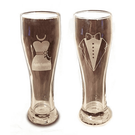 Laser Engraved Bride and Groom Glasses - 15 oz Pilsner Beer Glasses - Wedding Toasting Set of 2 - Couples Gifts - Engagement Gift - Original Wedding Gifts - Custom Wedding
