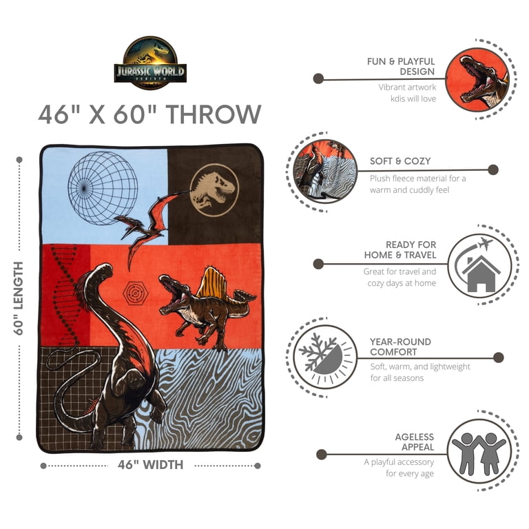 Jurassic World Dinosaur Print Fleece Throw Blanket, 46x60 photo 2