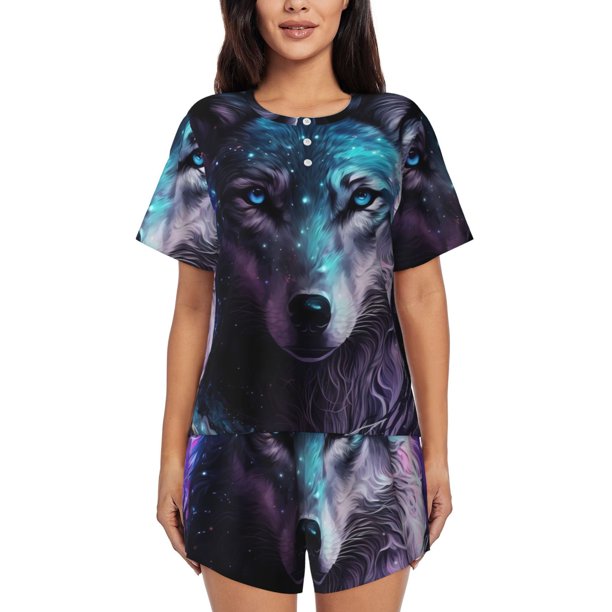 Balery Purple Sky Wolf Conjunto de Pijama para Mujer con Estampado, Dos Piezas de Manga Corta y Shorts, Ropa de Dormir Suave con Cuello Redondo y Bolsillos-X-Large