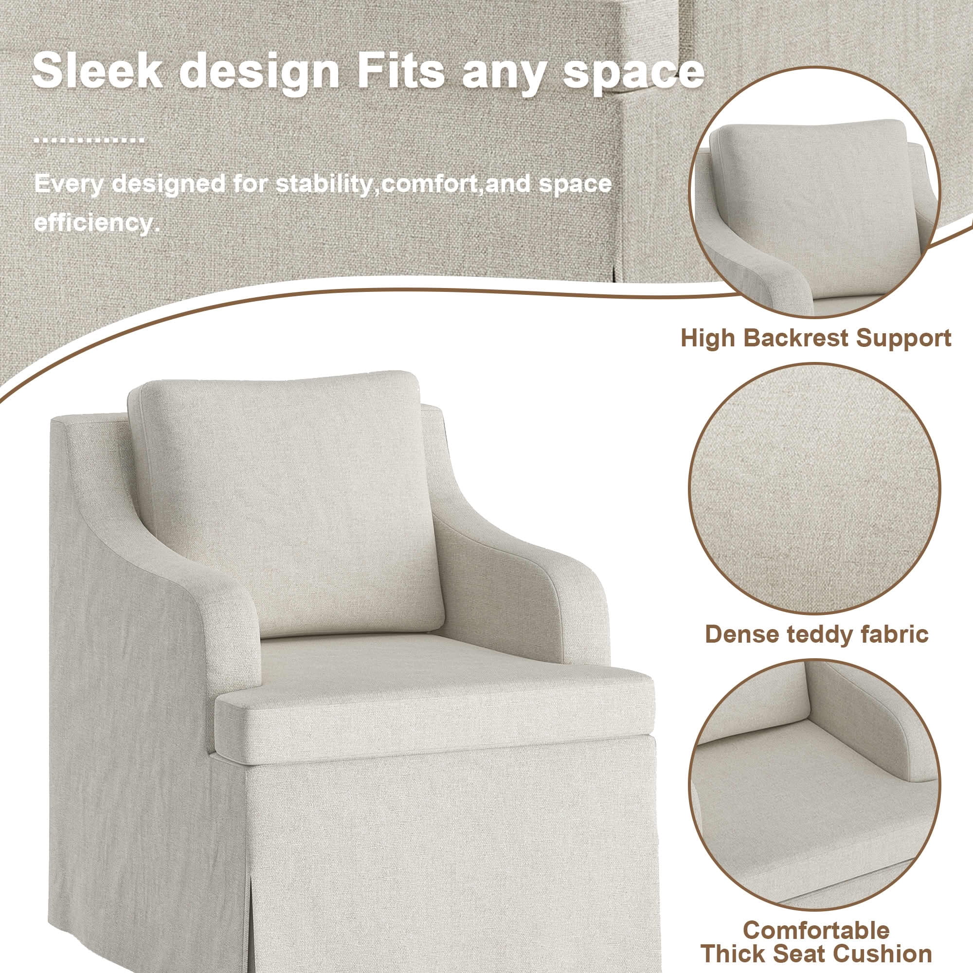 MAYEERTY 25.6" Beige Fabric Rolling Arm Dining Chair, 300LBS High Density Sponge Accent Chair for Dining Living Bedroom Restaurant