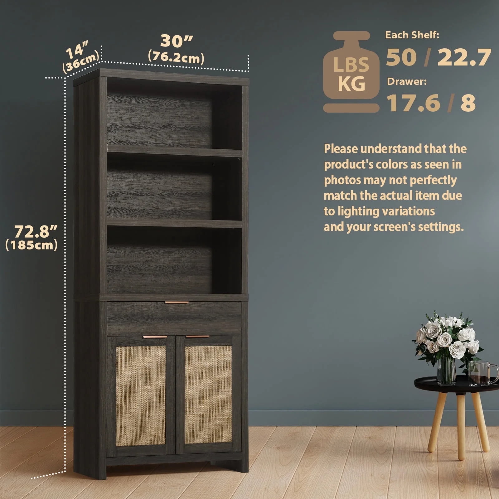 ARKANTOS Rattan Bookcase with Doors, 5 Shelf Adjustable Bookshelf and Storage Cabinet, Charcoal Oak