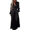 thumbnail image 2 of THDHVS Two Piece Sets for Women,Matching Sets Women Clothing,Women Solid Color Satin V Neck Top and Wide Leg Pants Set with Long Sleeves for Elegant Occasion Black S, 2 of 8