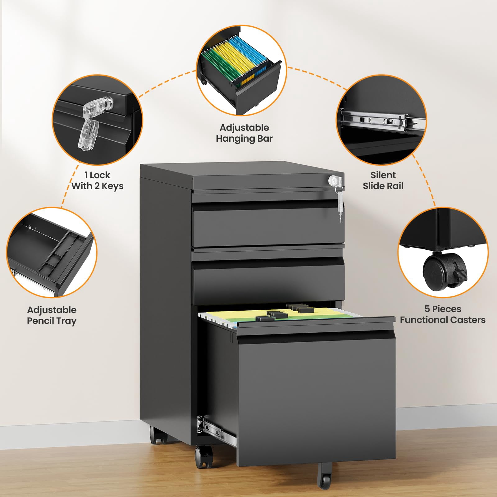 Office Rolling File Cabinet with 3 Drawers, Locking System for Security, Compact Under Desk Storage, Holds Hanging Folders (A4/Legal/Letter), Black