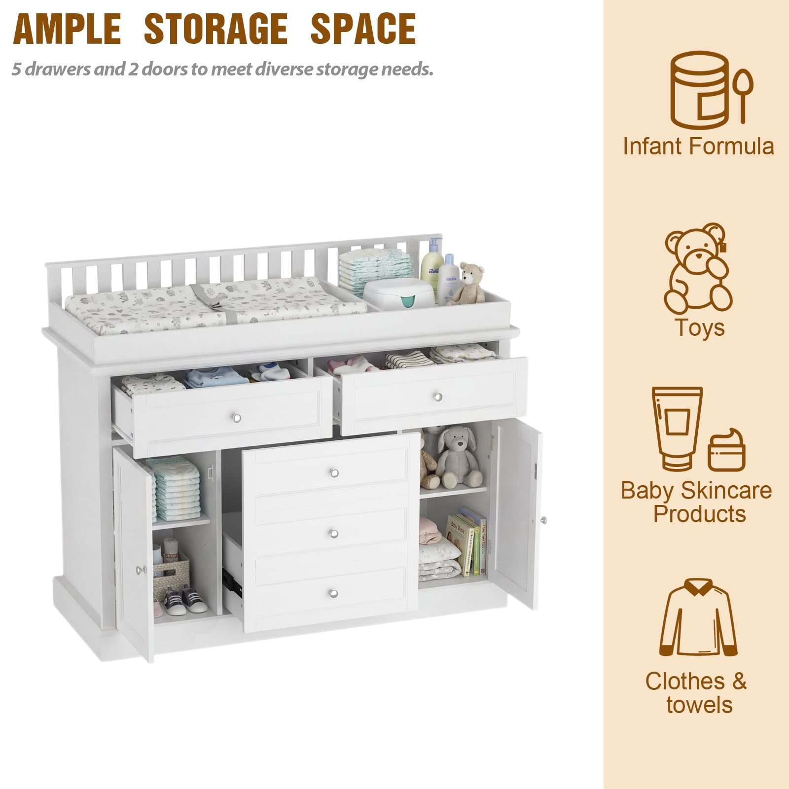 KULAGAGA 46" Dresser with Changing Table Top, White Dresser with Storage Drawers and Doors for Nursery, Multifunctional Dresser with Changing Station, Storage Cabinet for Kids Room