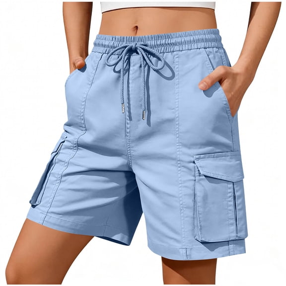 Guluxicc Women's Cargo Shorts with Multi Pocket Elastic Waist Drawstring Straight Leg Short Trousers Summer Casual Outfits for Everyday Wear