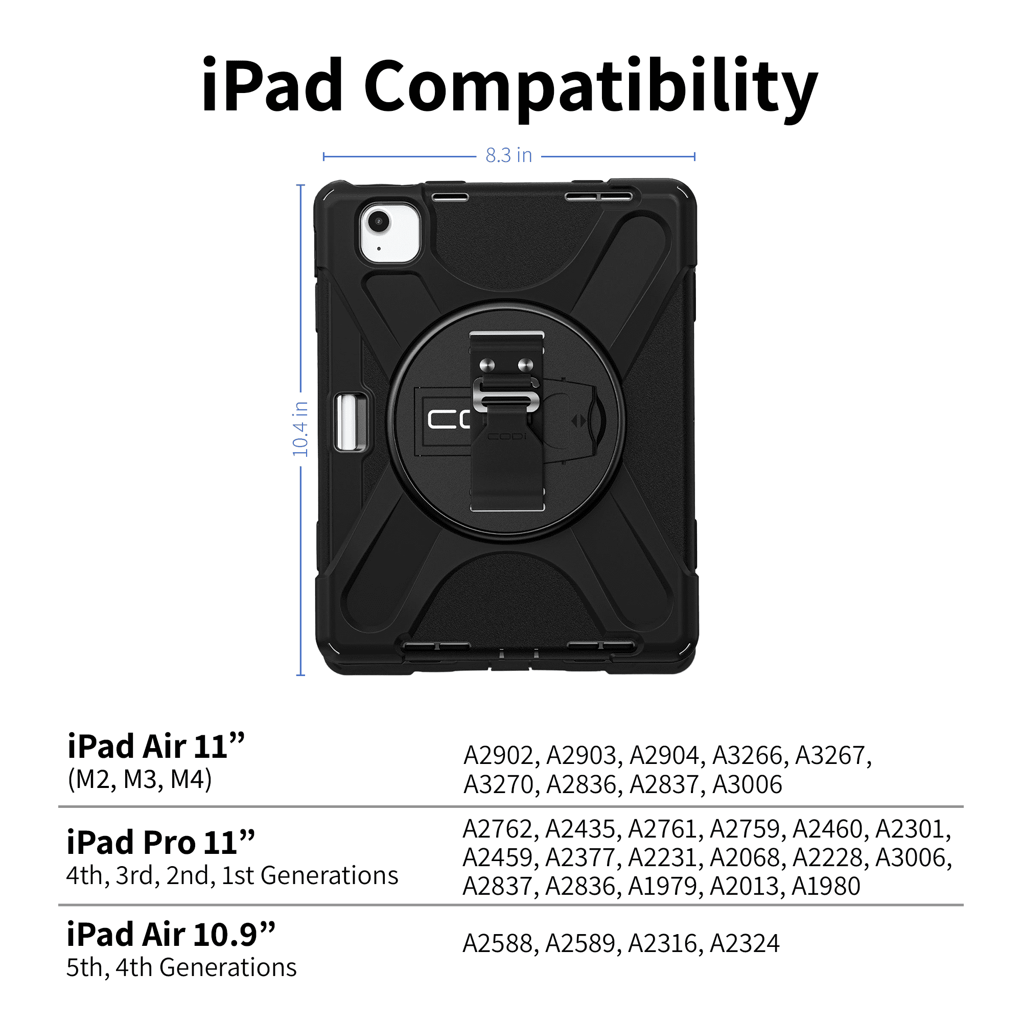 CODi Rugged Case for iPad Air 11" (M2, M3, M4), iPad Pro 11" (1st–4th Gen), iPad Air 10.9" (4th–5th Gen) – 360° Protection with Kickstand, Hand Strap, Shoulder Strap & Pencil Holder