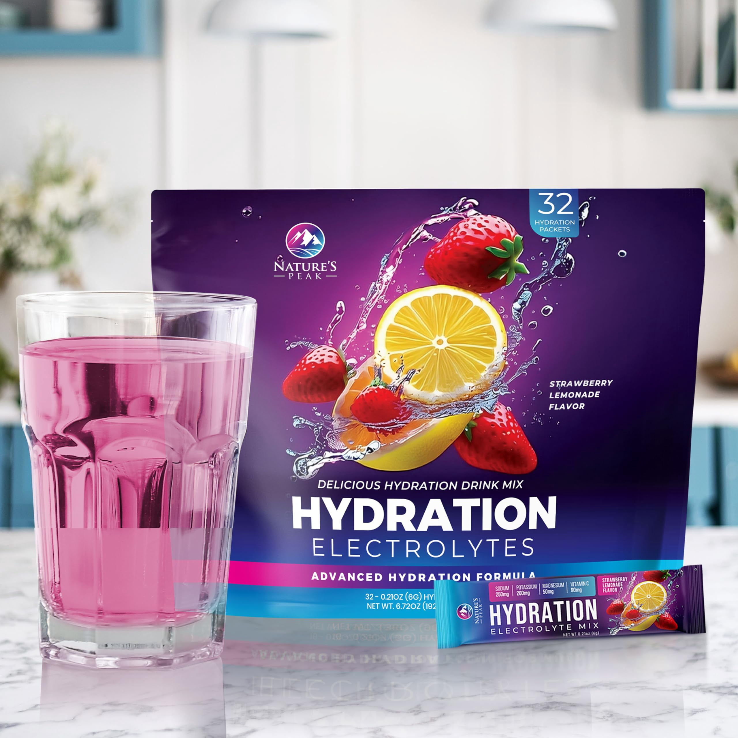 Electrolyte Hydration Packets - Best Electrolytes Drink Mix - Sugar Free Formula with Sodium, Potassium, Magnesium, Zinc & Vitamin C for Dehydration Relief and Rehydration, Strawberry Lemon (32 Pack)