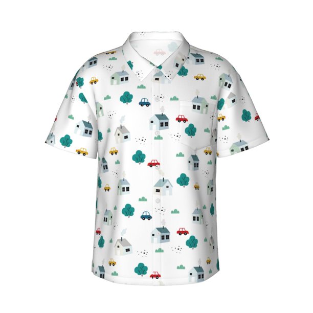 Fotbe Cartoon House Car Camisa Hawaiana para Hombre Unisex – Camisa Casual de Verano con Botones de Manga Corta de Algodón y Lino,XX-Large