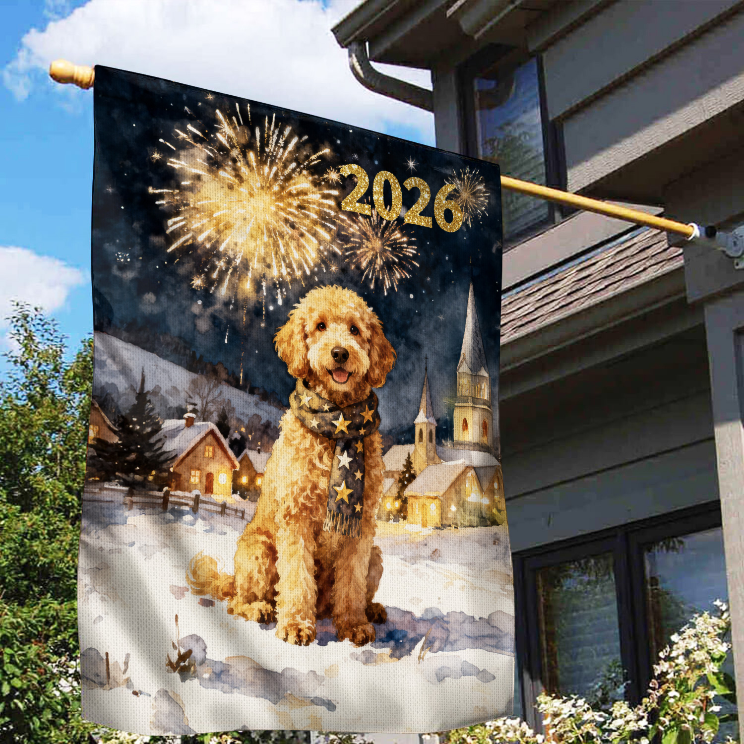 Goldendoodle Happy New Year 2026 with Fireworks on New Year's Eve House Flag 28x40in Double Sided Doodle Dog Lover Gifts Idea Outdoor Decor - 12022