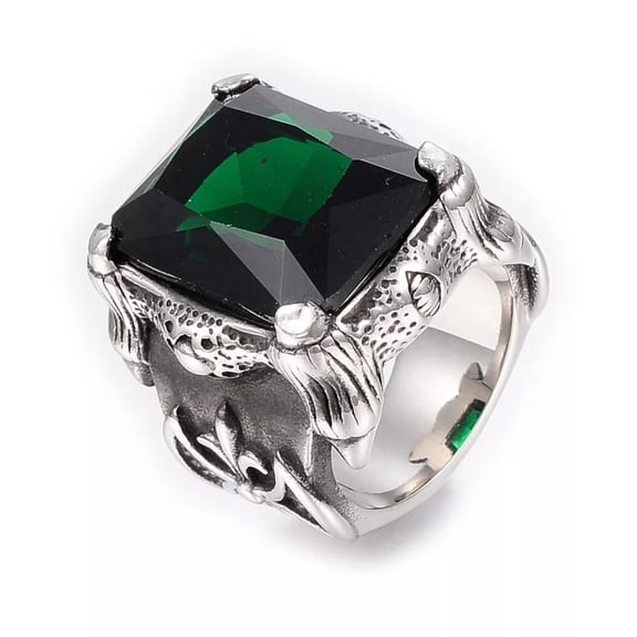 316 Surgical Stainless Steel Green Statement Ring Cubic Zirconia Rectangle 17 22mm Size 10 Z696