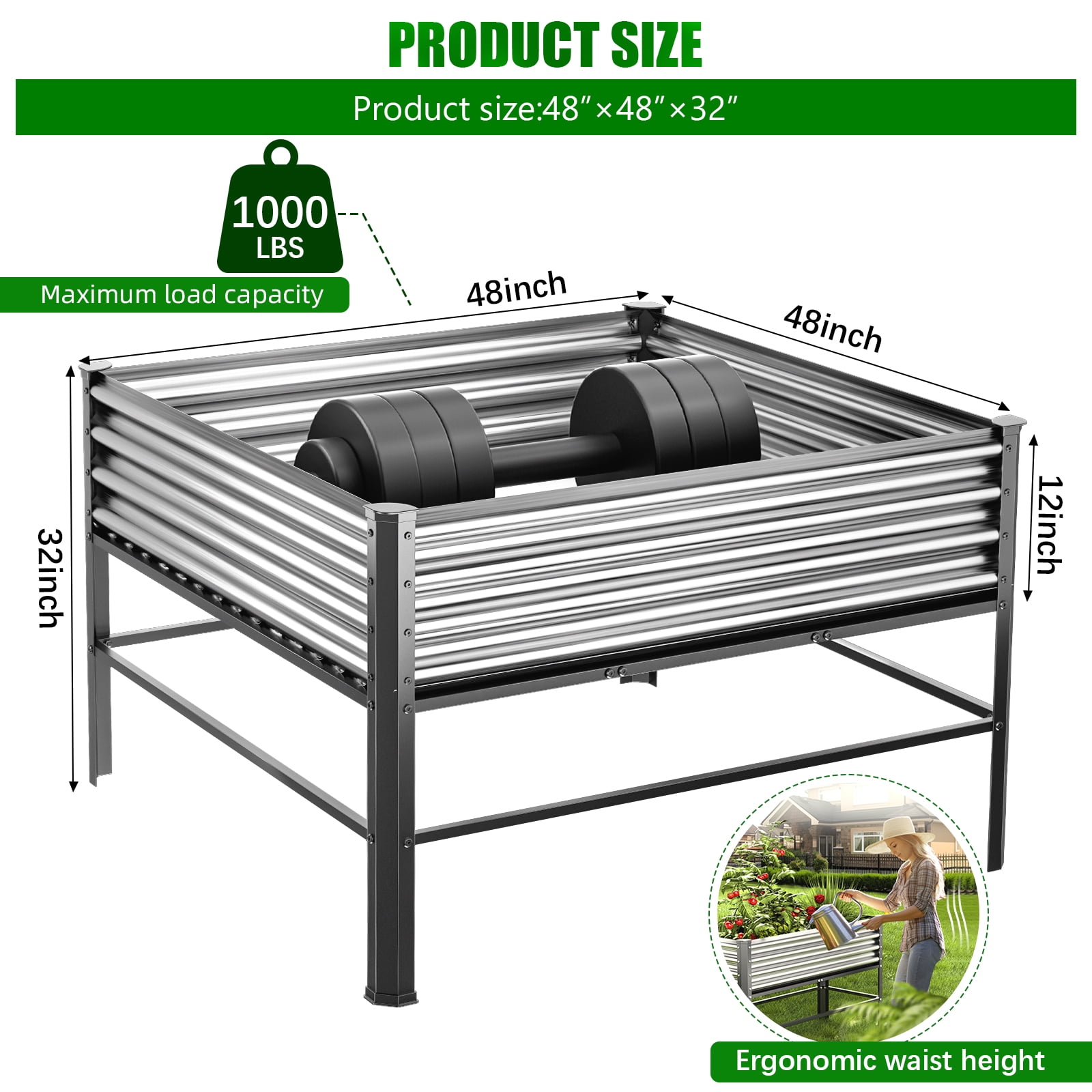 Raised Garden Bed with Legs, 48×48×32in Large Outdoor Metal Galvanized Garden Planting Box,1000lb Capacity for Vegetables Lawn Green Flowers, Fruits, Terrace
