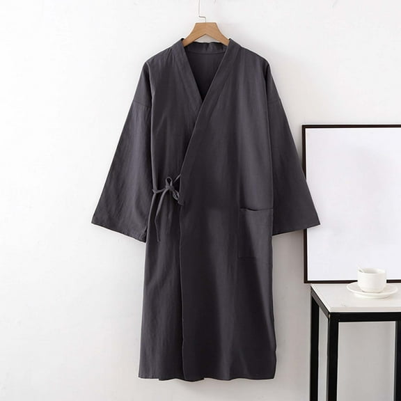 Womens Robe Long Cotton Linen Bathrobe 3/4 Sleeve Lightweight Soft Relaxed Fit Casual Loungewear With Pocket Dark Gray L