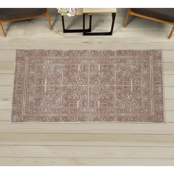 Tribal Decorative Rug, Floral Zentangle Ornamental Print and Ethnic Geometrical Details Print, Quality Carpet for Bedroom Dorm and Living Room, 6 Sizes, Cocoa White, by Ambesonne