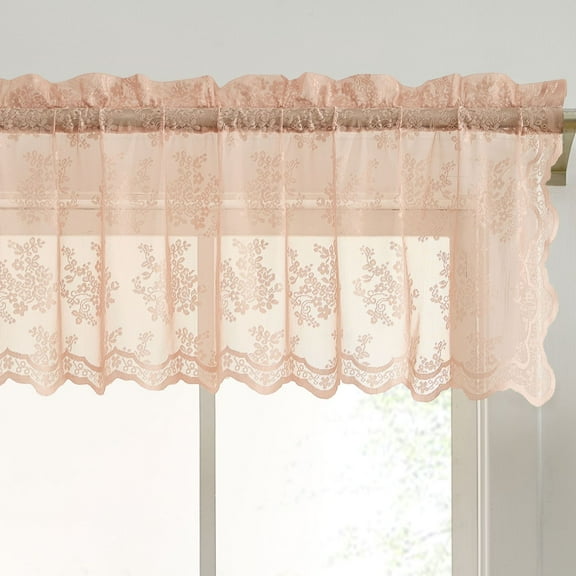 THD Joelle Floral Rod Pocket Lace Semi Sheer Voile Short Valance for Small Windows, Kitchen & Bathroom - 54 x 18 Inch Length (Blush Pink Valance)