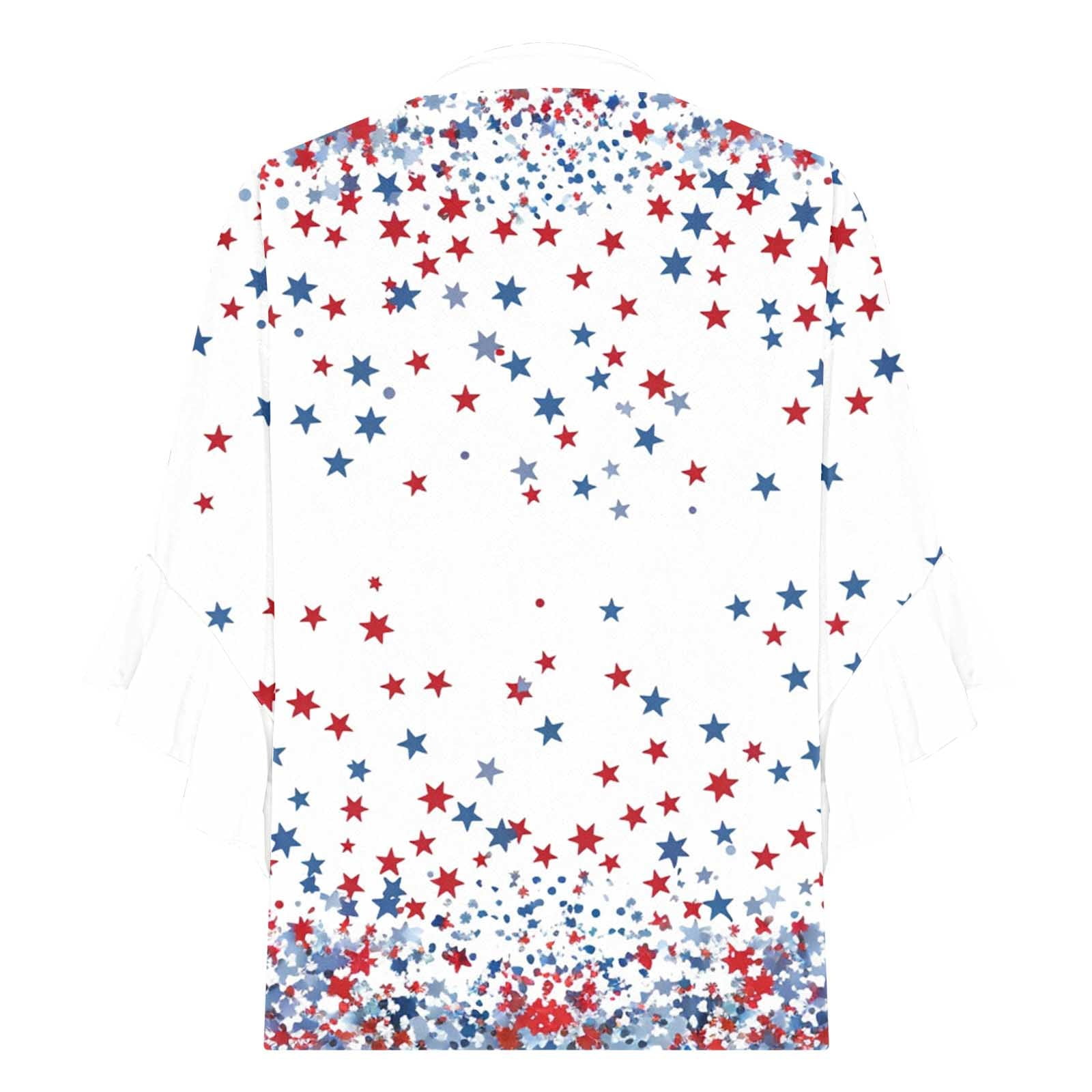 Womens Red White and Blue Blouse Womens Red White and Blue Shirts Patriotic Shirts Women Womens American Flag Tops Ladies New Lace 3/4 Sleeve V-Neck Button Independence Day Printed Tops